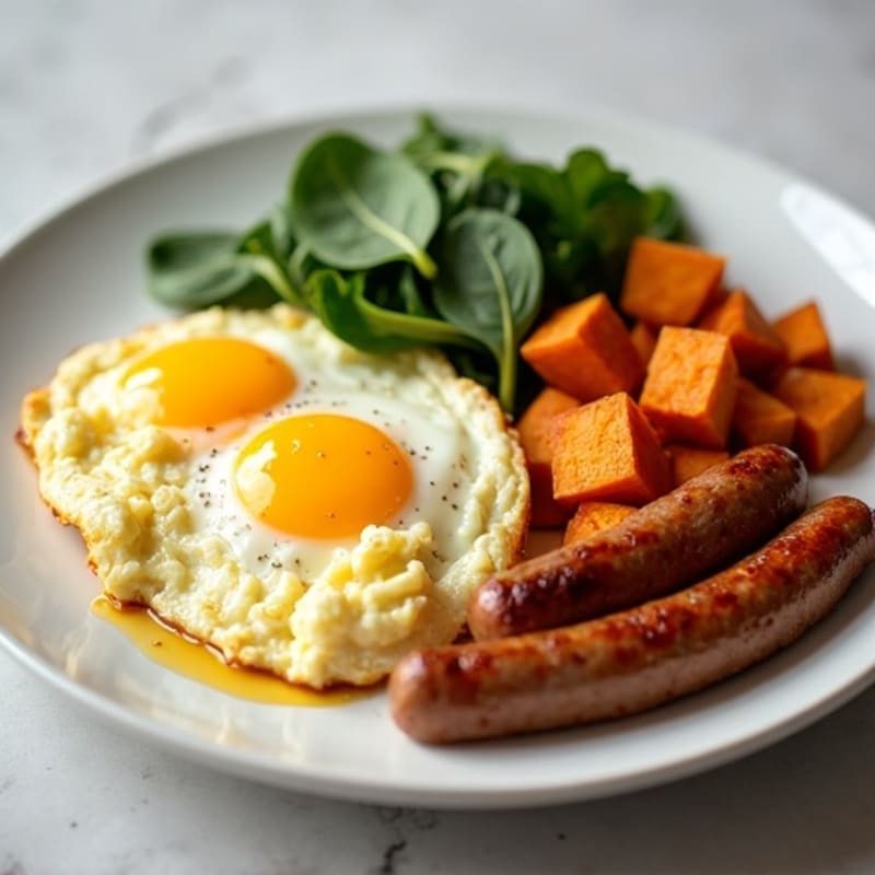 Scrambled Egg Whites with Chicken Sausage and Roasted Sweet Potato