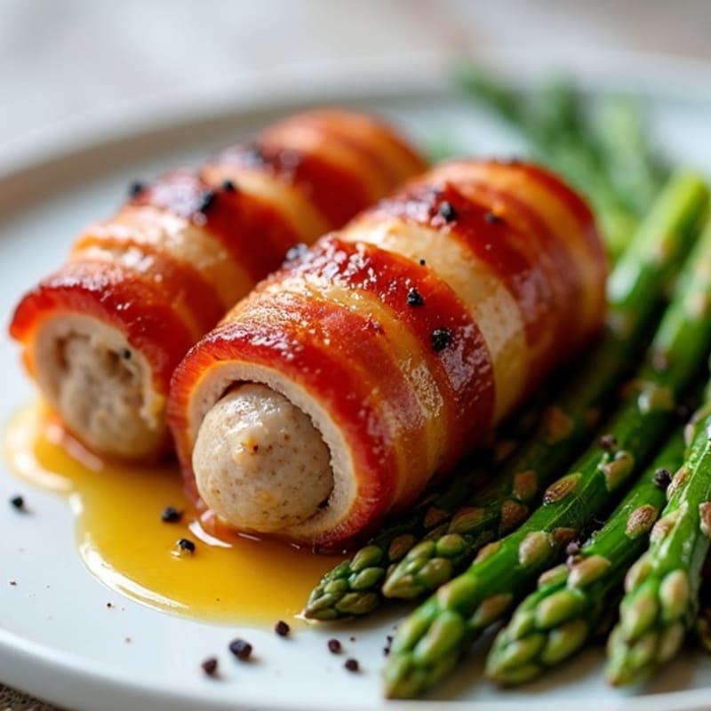 Crispy Turkey Bacon-Wrapped Chicken Sausage with Roasted Asparagus