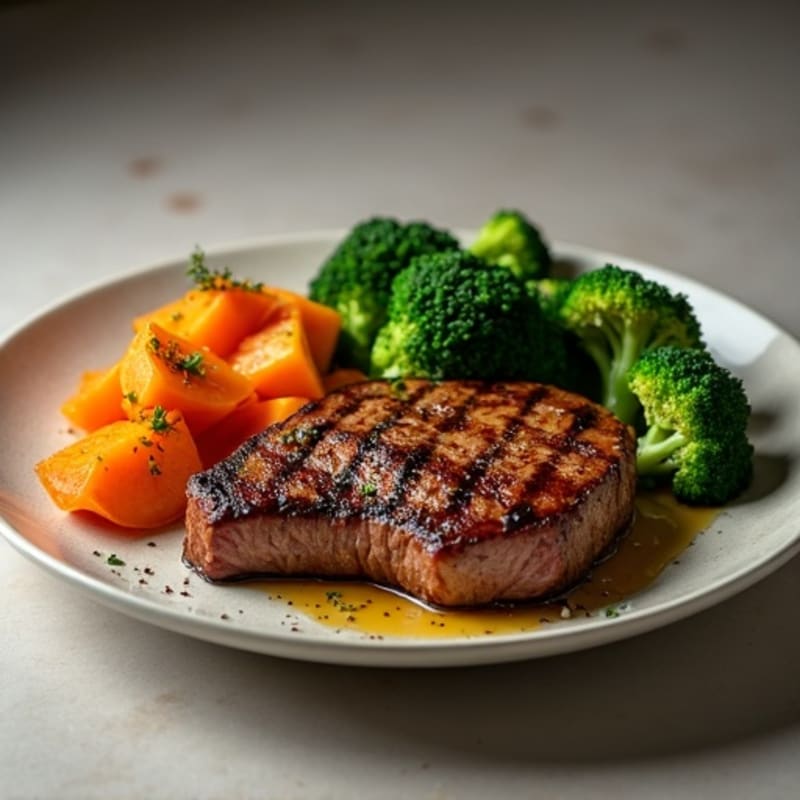 Seared Sirloin Steak with Roasted Sweet Potatoes and Garlic Broccoli