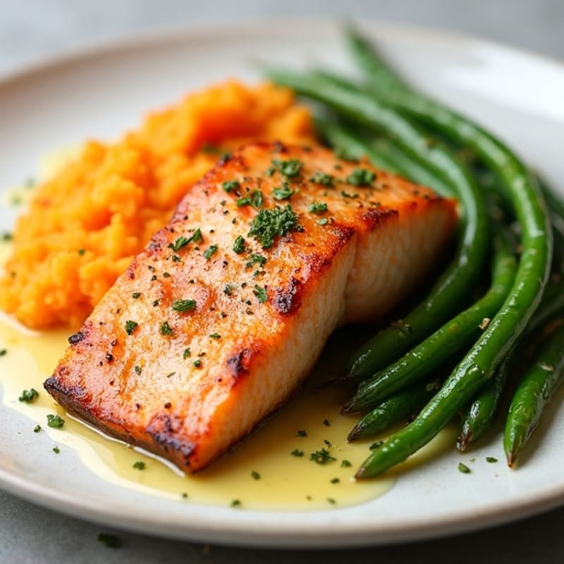 Seared Salmon with Garlic Green Beans and Sweet Potato Mash