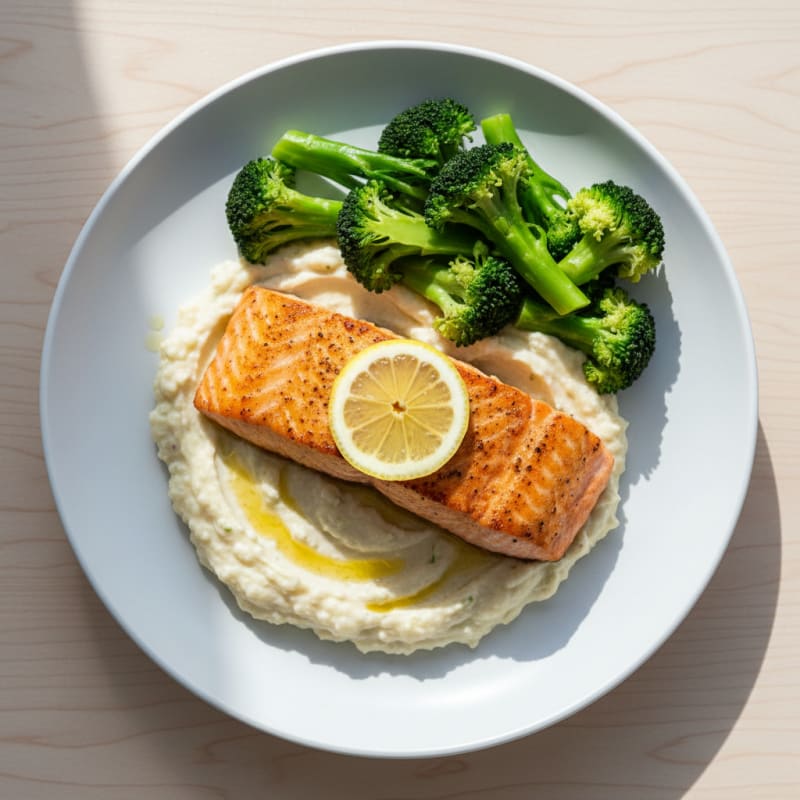 Seared Salmon Fillet with Steamed Broccoli and Garlic Cauliflower Mash