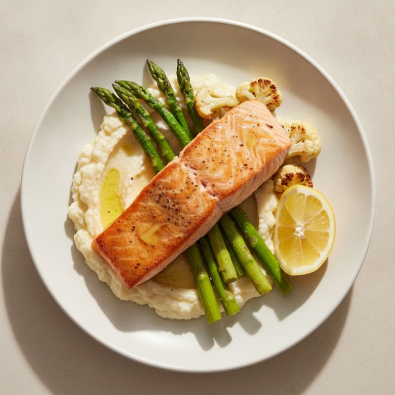 Seared Salmon Fillet with Roasted Asparagus and Cauliflower Mash
