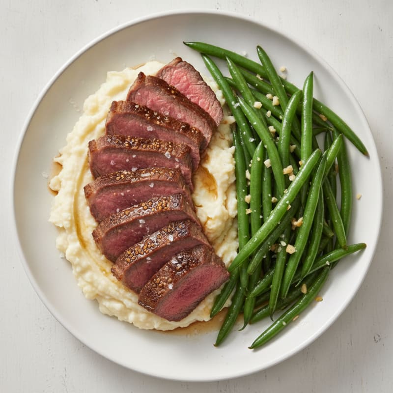 Seared Beef Sirloin with Garlic Green Beans and Mashed Cauliflower