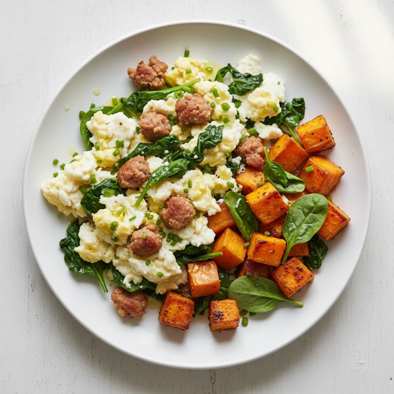 Egg White Scramble with Turkey Sausage and Spinach