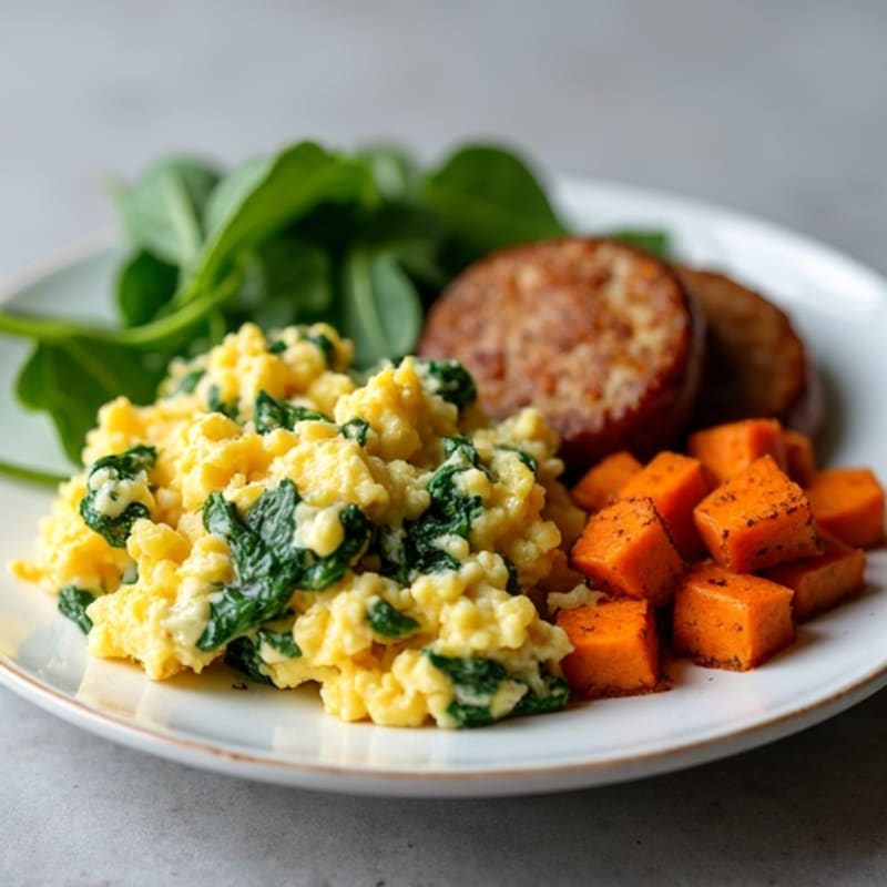 Egg White and Turkey Sausage Scramble with Spinach and Roasted Sweet Potatoes