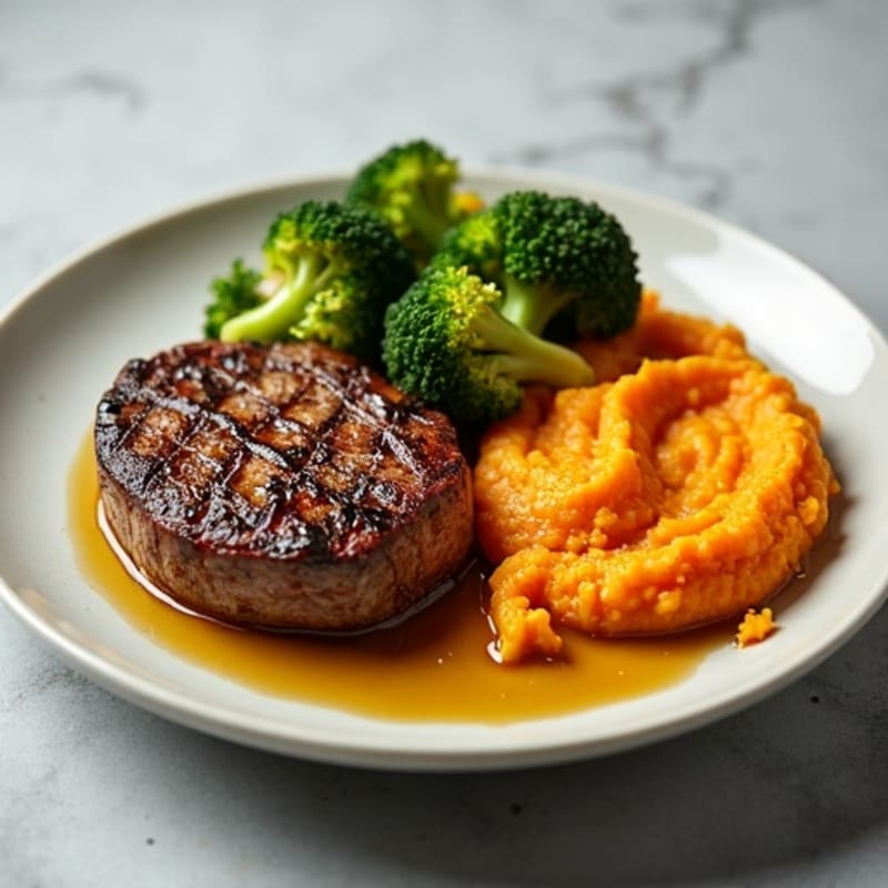 Seared Lean Beef with Roasted Broccoli and Sweet Potato Mash