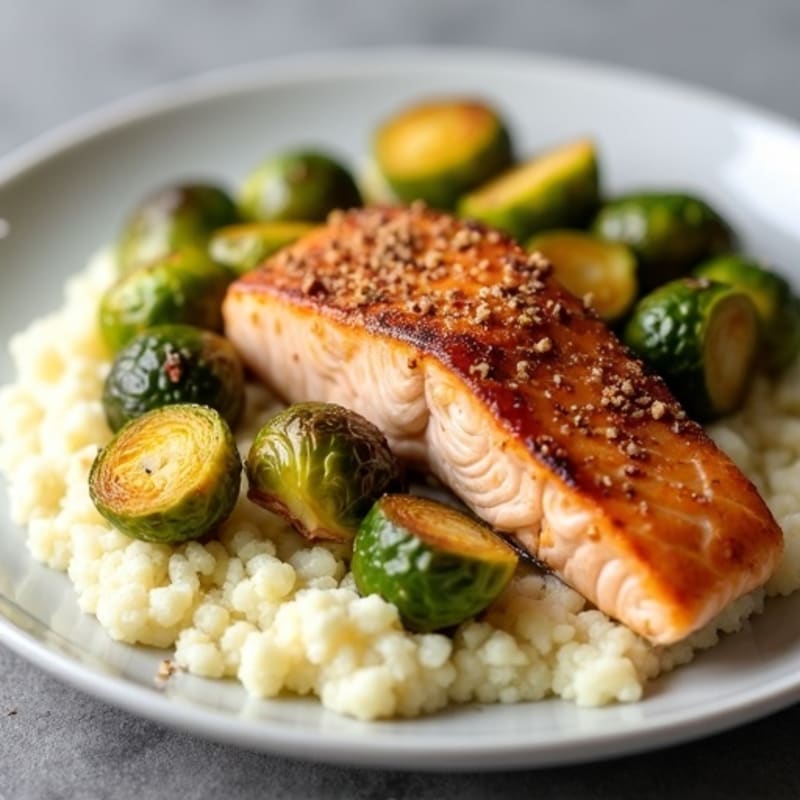 Seared Salmon with Roasted Brussels Sprouts and Cauliflower Mash