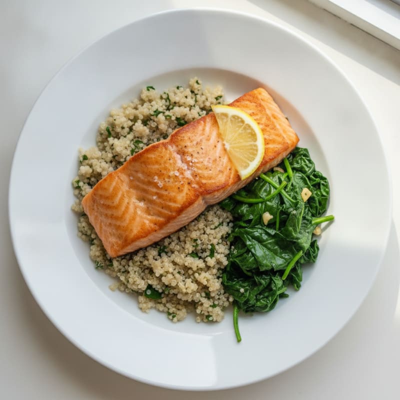Seared Salmon Filet with Quinoa Pilaf and Wilted Spinach