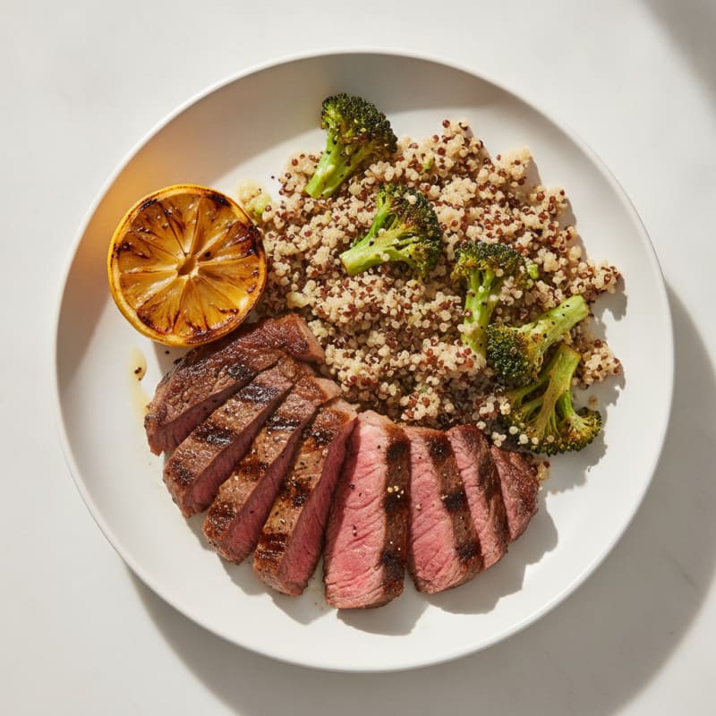 Grilled Beef Steak with Roasted Broccoli and Quinoa