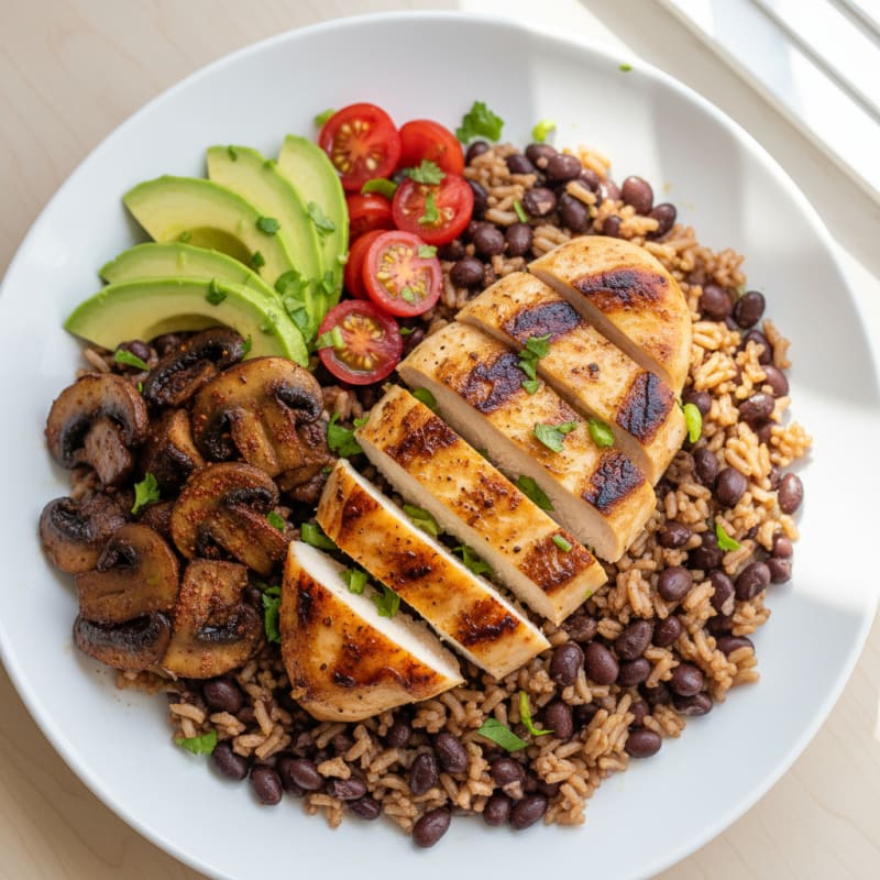 Grilled Chicken and Black Bean Rice Bowl with Paprika Mushrooms
