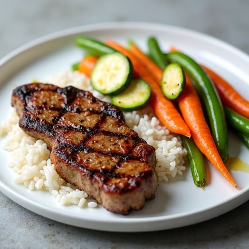 Grilled Beef Steak with Steamed Rice and Mixed Vegetables