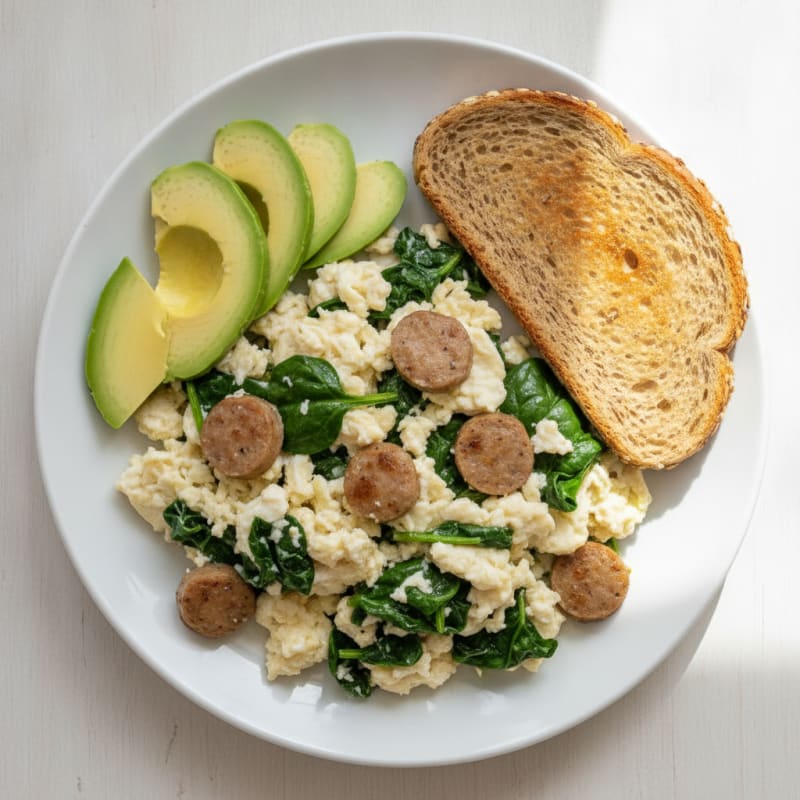 Egg White and Turkey Sausage Scramble with Sautéed Spinach
