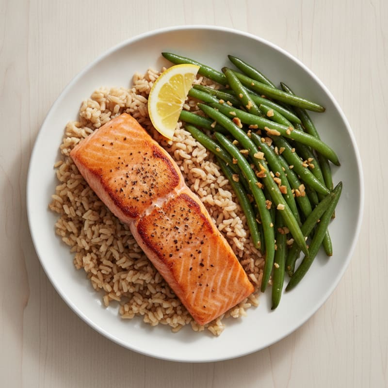 Seared Salmon with Garlic Green Beans and Brown Rice