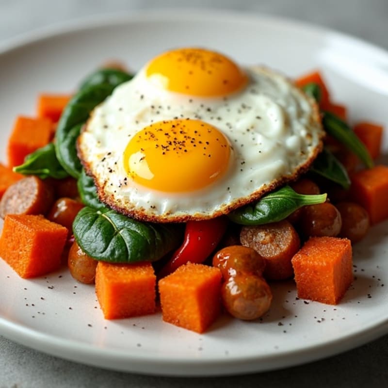 Crispy Sweet Potato and Chicken Sausage Hash with Baked Eggs