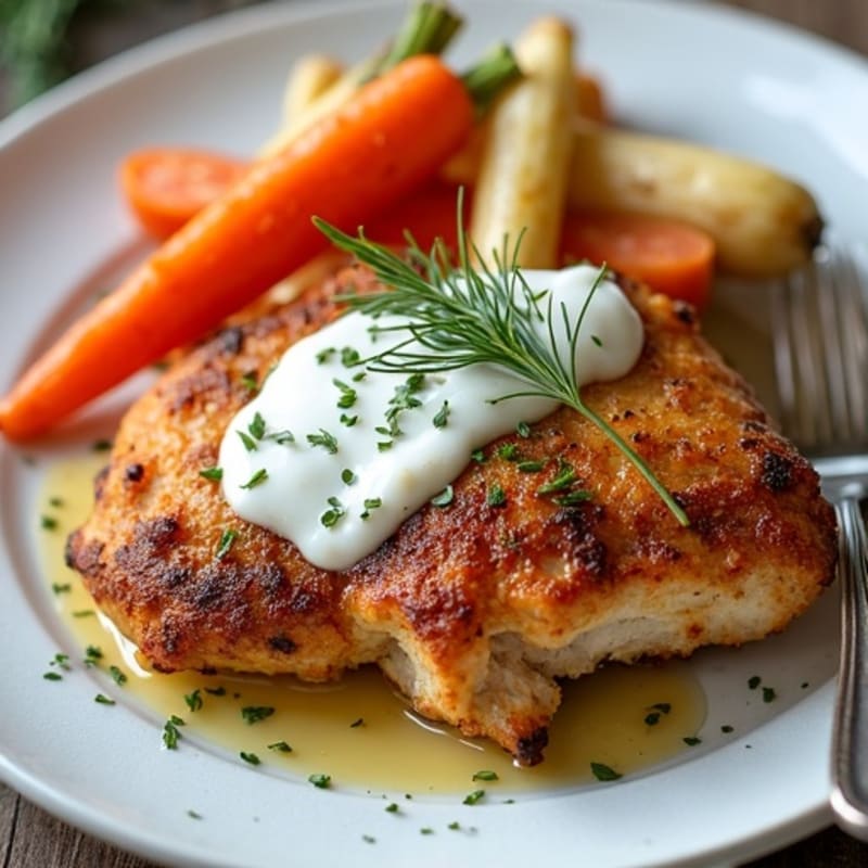 Crispy Pan-Seared Chicken Thighs with Creamy Lemon-Dill Sauce and Roasted Root Vegetables