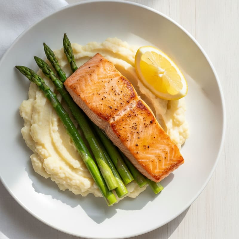 Seared Salmon with Steamed Asparagus and Mashed Cauliflower