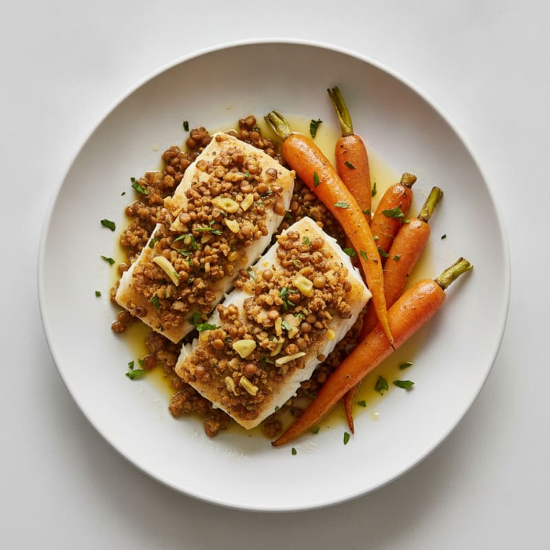 Baked Cod with Herb-Crushed Lentils and Roasted Carrots