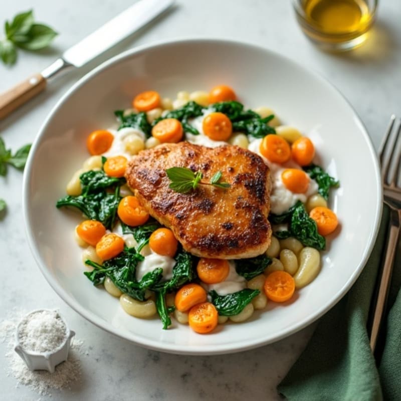 Creamy Sweet Potato Gnocchi with Pan-Seared Chicken and Wilted Spinach