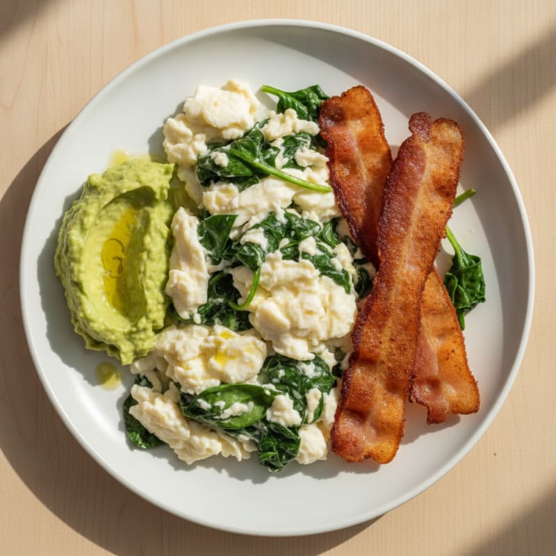 Scrambled Egg Whites with Sautéed Spinach and Turkey Bacon