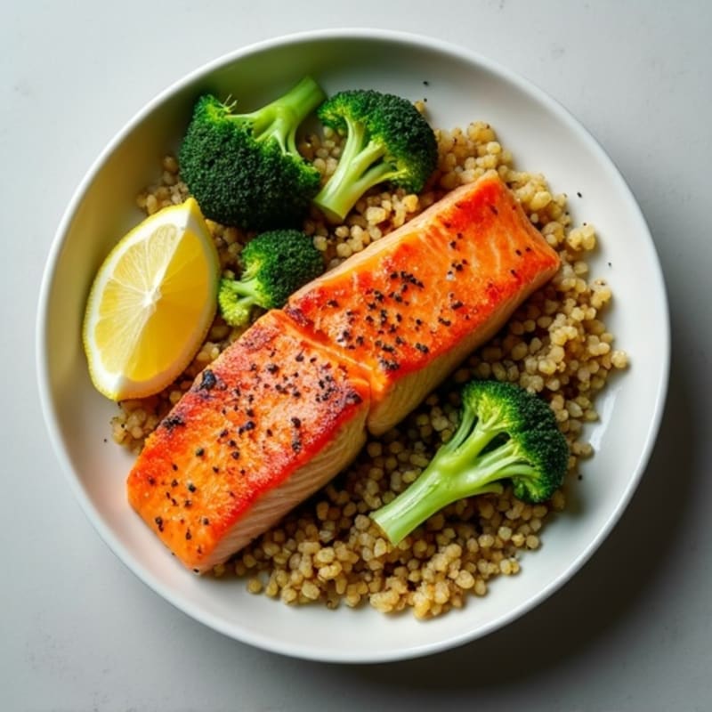 Seared Salmon with Roasted Broccoli and Garlic Quinoa