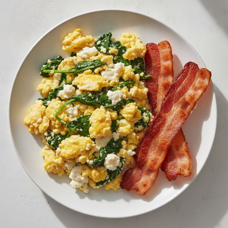 Cottage Cheese Egg Scramble with Spinach and Turkey Bacon