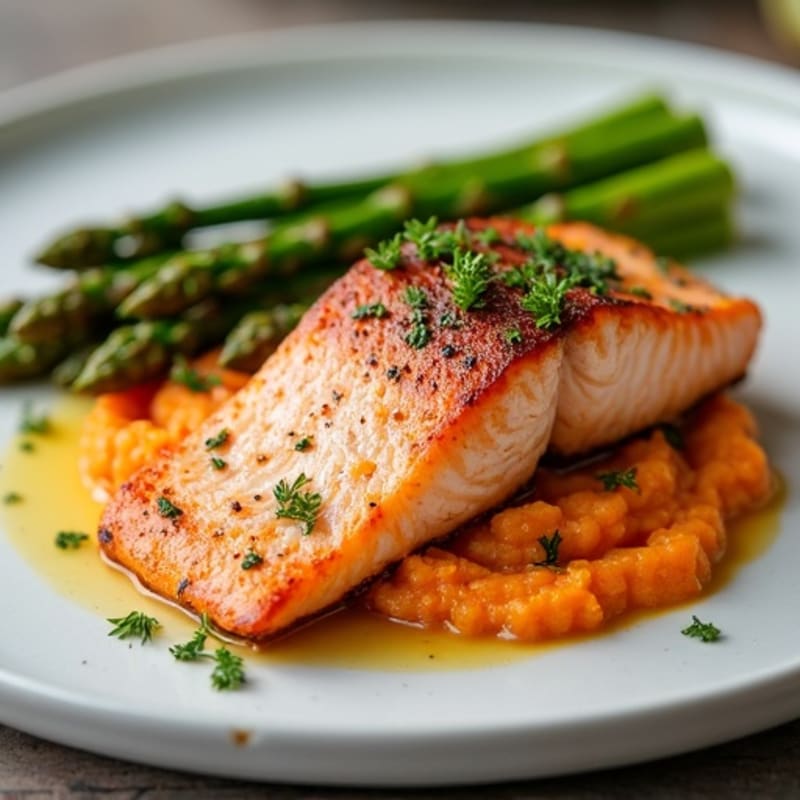 Seared Salmon Fillet with Roasted Asparagus and Sweet Potato Mash