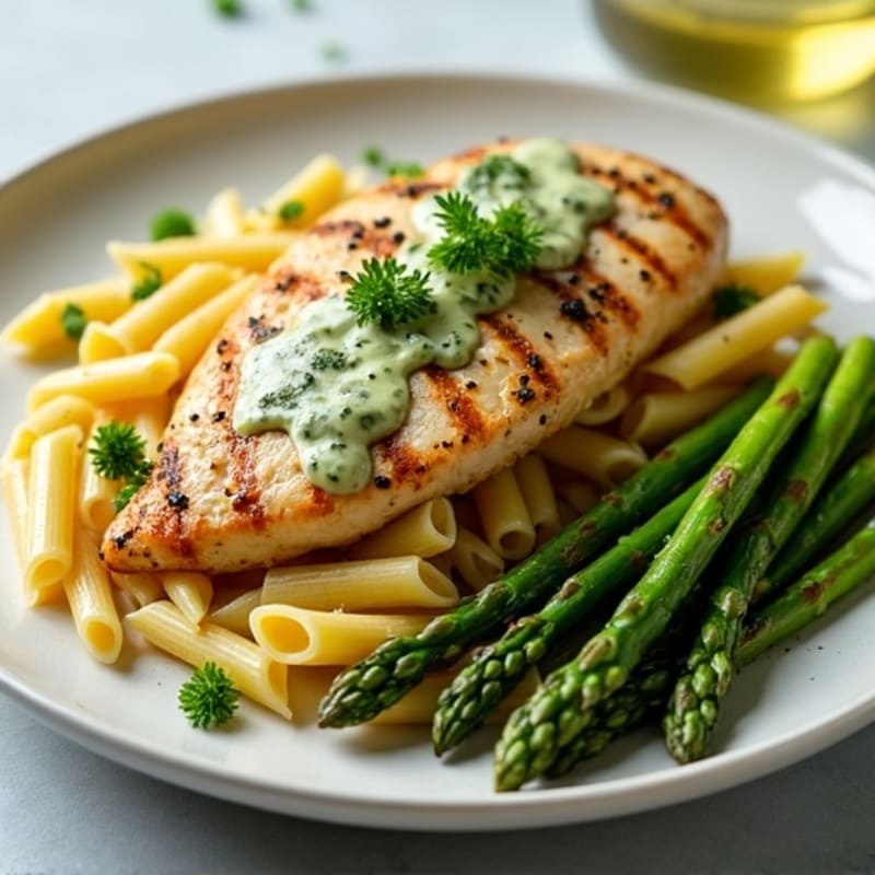 Chicken and Whole Wheat Penne with Creamy Pesto and Roasted Asparagus