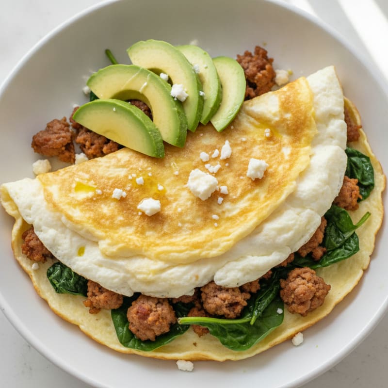 Fluffy Egg White Omelette with Turkey Sausage and Spinach