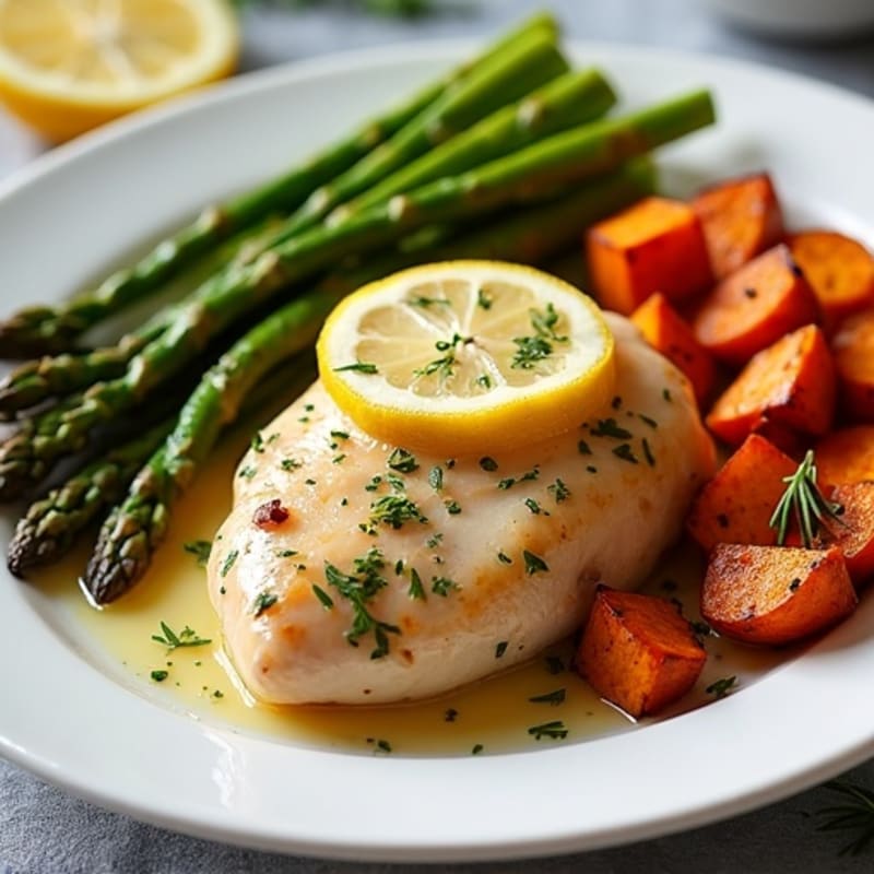 Lemon Herb Baked Chicken with Roasted Asparagus and Sweet Potatoes