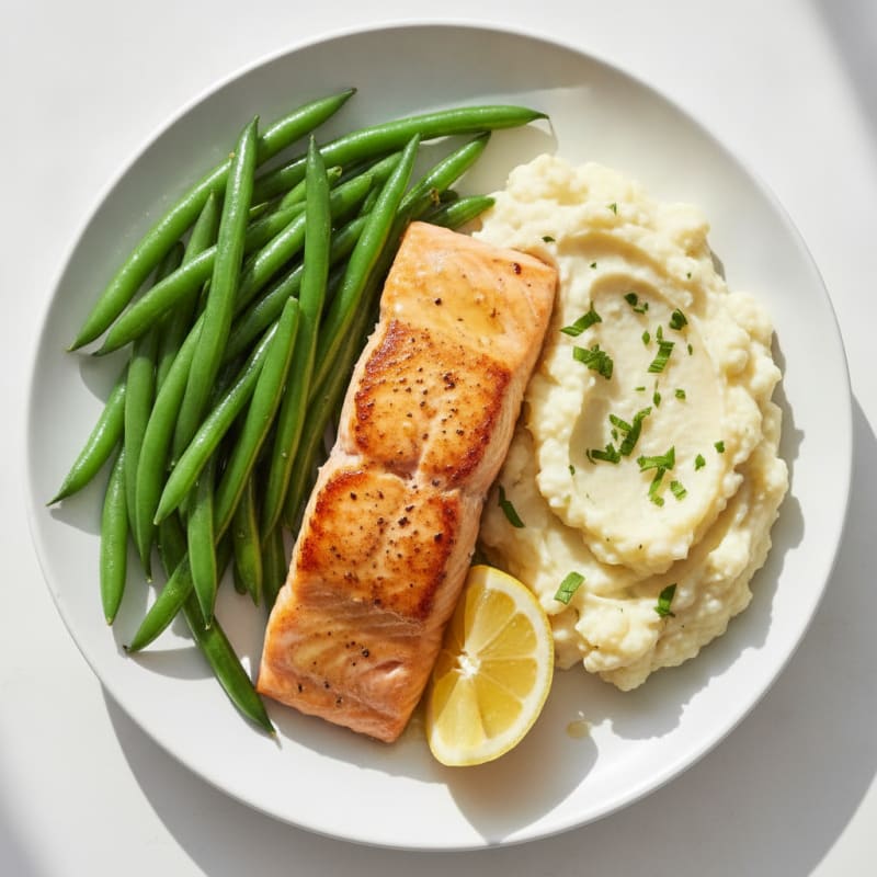 Seared Salmon with Steamed Green Beans and Garlic Mashed Cauliflower