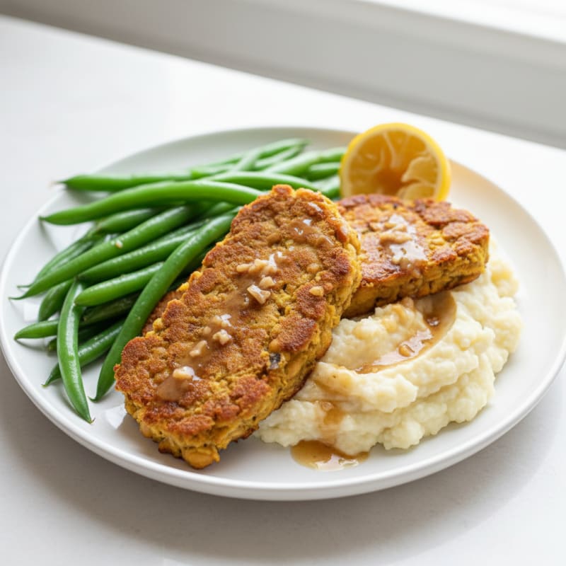 Crispy Tempeh with Steamed Green Beans and Cauliflower Mash