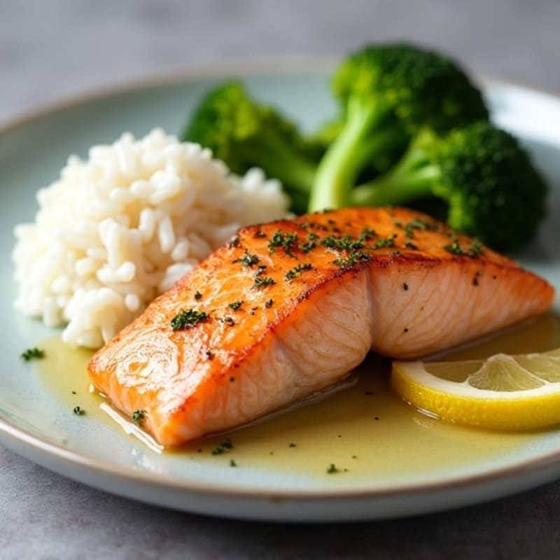 Lemon Garlic Pan Seared Salmon with Steamed Broccoli and White Rice