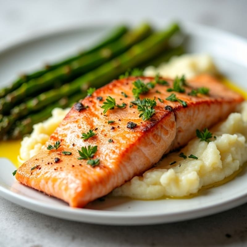 Seared Salmon Fillet with Garlic Mashed Potatoes and Steamed Asparagus