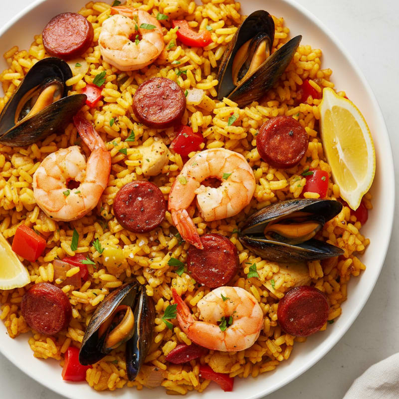 Golden Saffron Seafood Paella with Chorizo