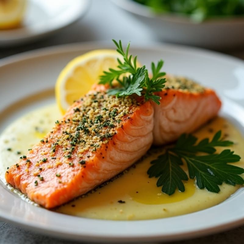 Herb-Crusted Pan Seared Salmon with Lemon Butter Sauce