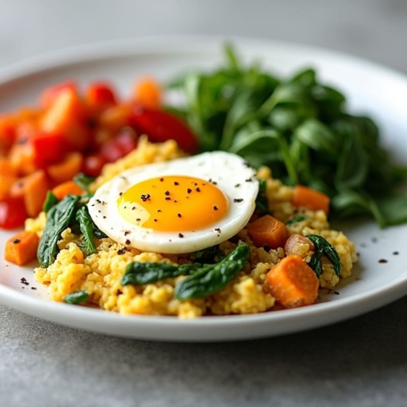 Savory Egg and Veggie Scramble with Crispy Sweet Potato Hash