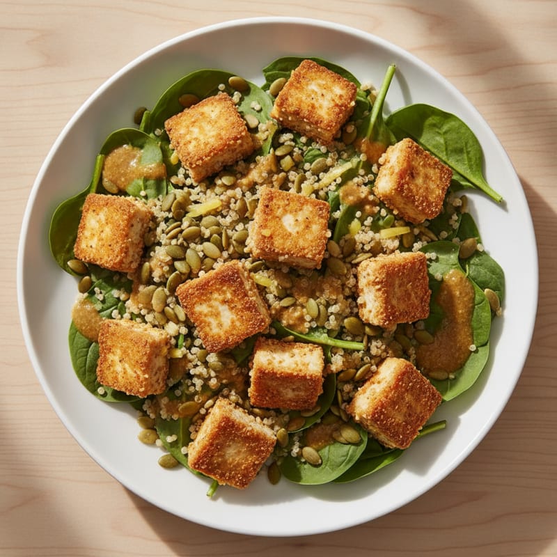 Crispy Tofu and Quinoa Power Salad with Pumpkin Seeds