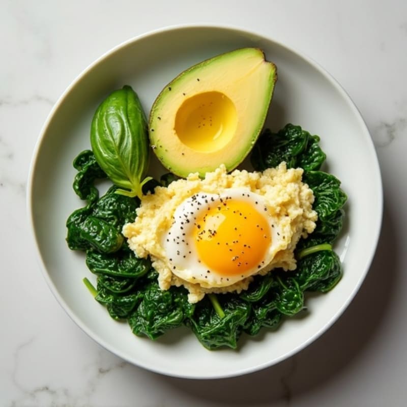 Fluffy Scrambled Eggs with Sautéed Spinach and Creamy Avocado