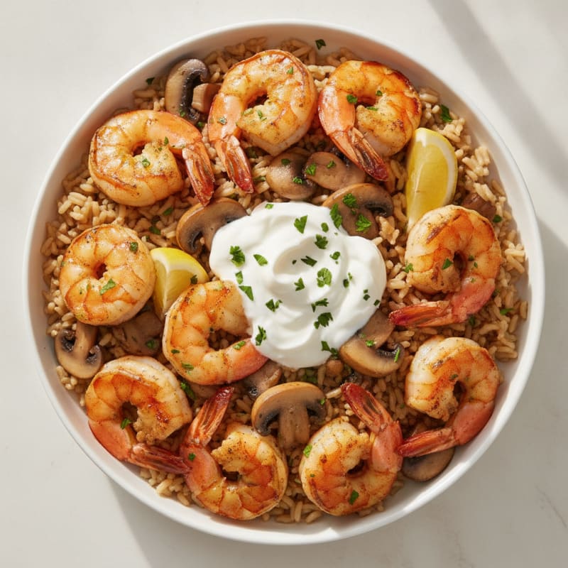 Grilled Shrimp and Rice Bowl with Sautéed Mushrooms