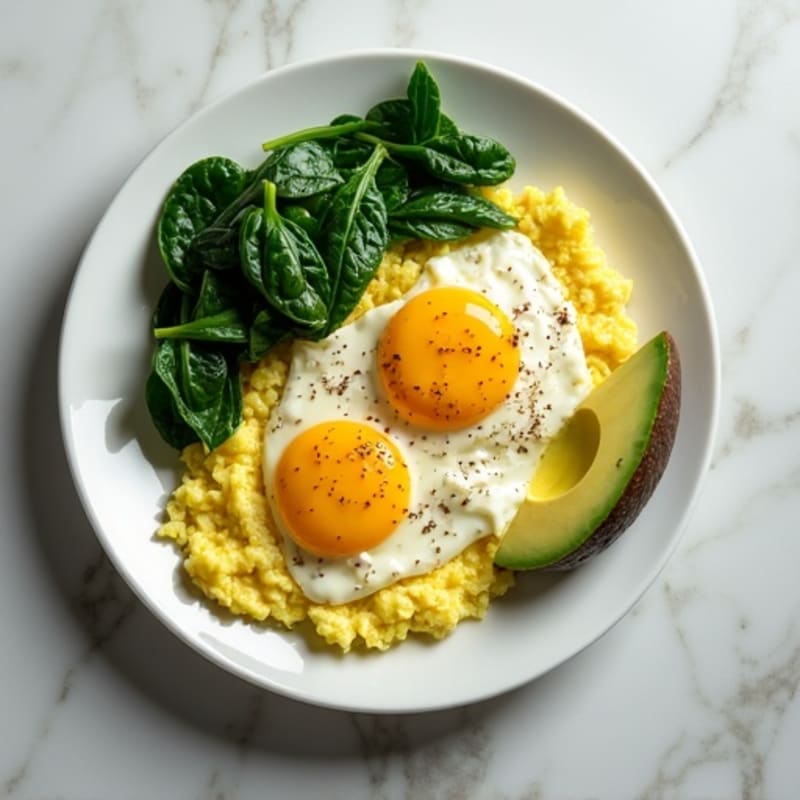 Fluffy Egg Scramble with Sautéed Greens and Avocado
