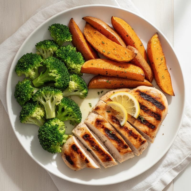Grilled Chicken Breast with Roasted Sweet Potato and Steamed Broccoli