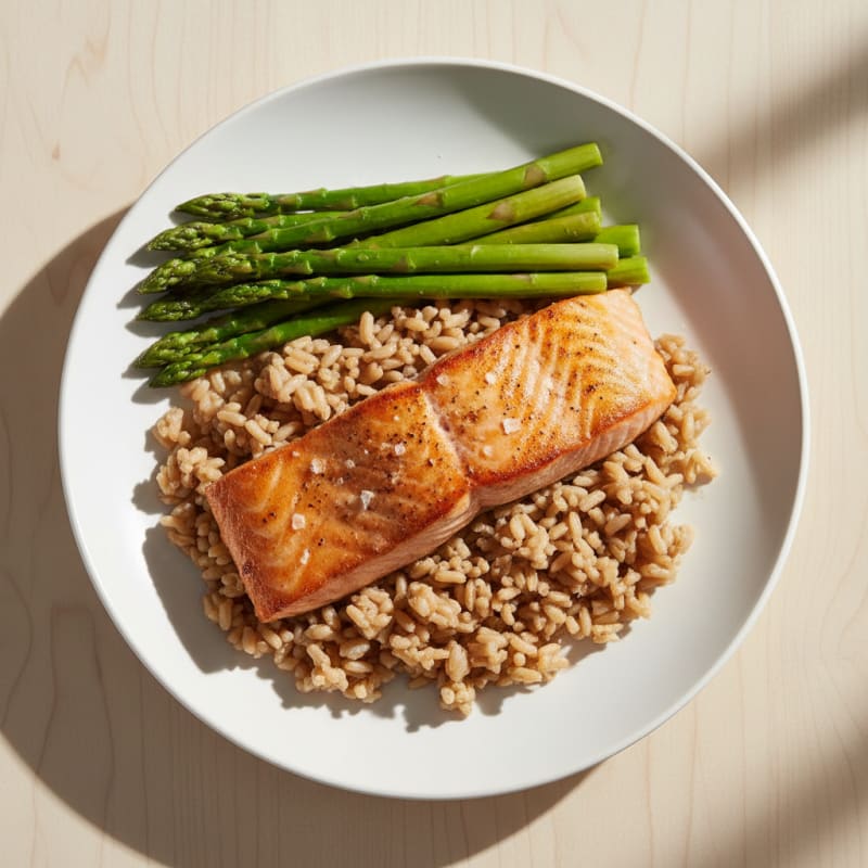Seared Salmon with Steamed Asparagus and Brown Rice