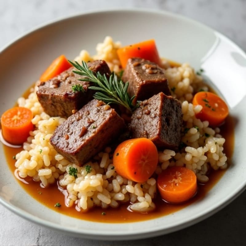 Tender Lamb and Root Vegetable Stew with Fluffy Brown Rice