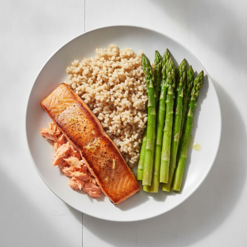 Seared Salmon with Steamed Asparagus and Brown Rice