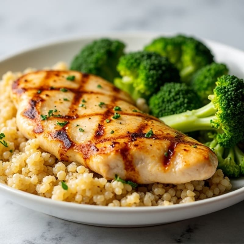 Grilled Lemon Garlic Chicken Breast with Quinoa and Steamed Broccoli