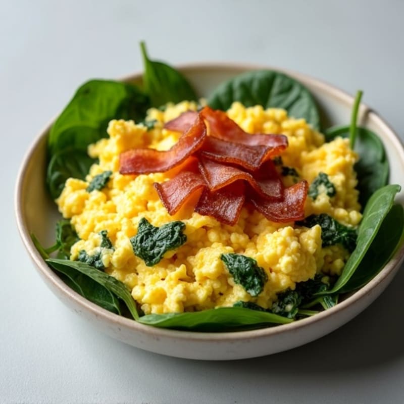 Cottage Cheese Egg Scramble with Spinach and Turkey Bacon
