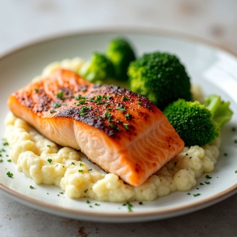 Seared Salmon with Roasted Broccoli and Garlic Cauliflower Mash