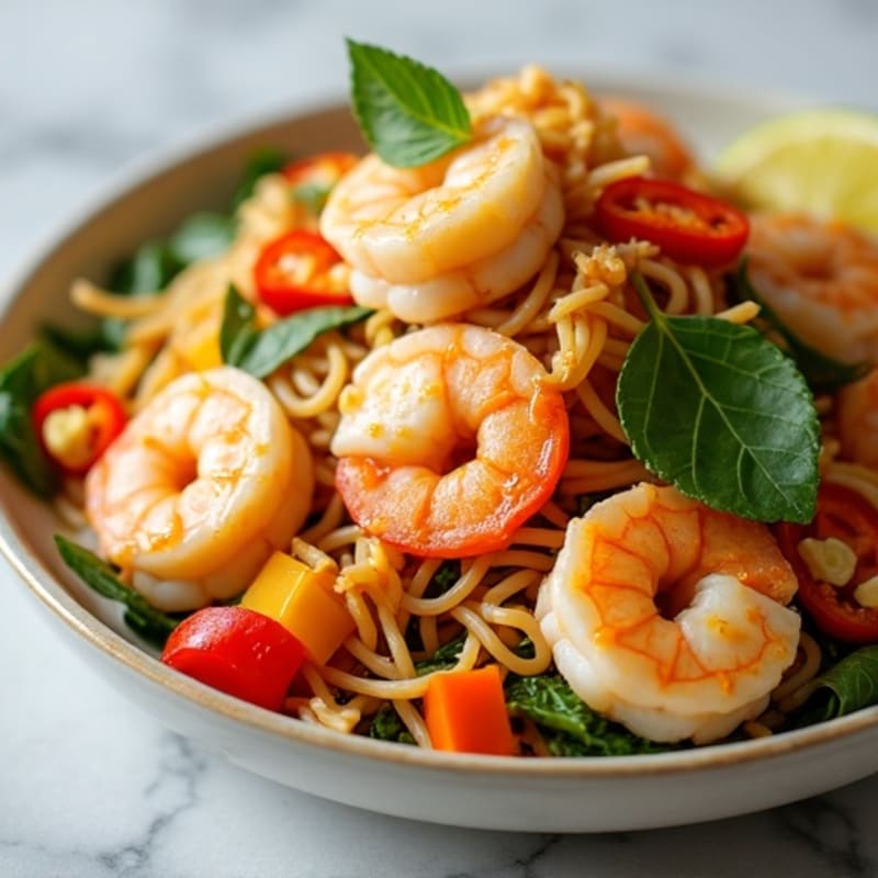 Shrimp with Tangy Peanut Rice Noodles and Fresh Vegetables