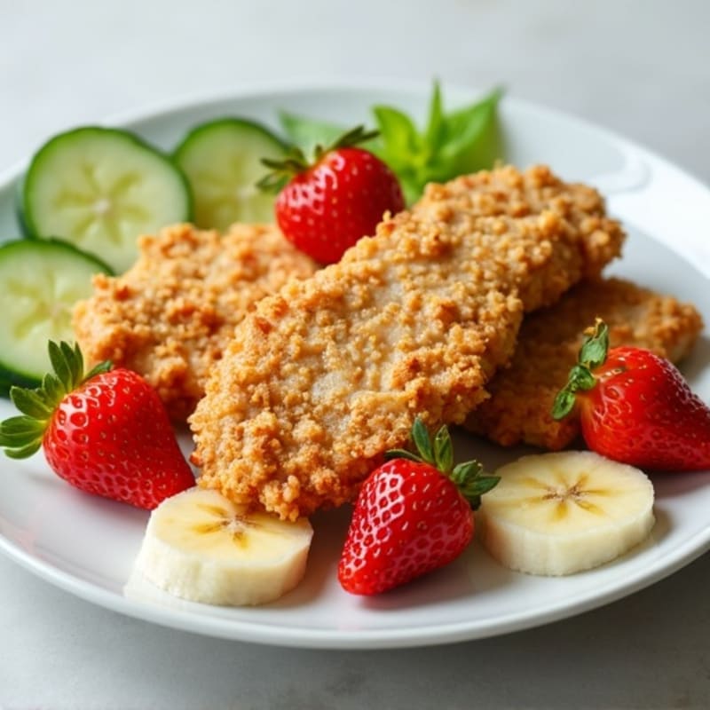 Crispy Chicken Strips with Fresh Cucumber, Strawberries, and Banana