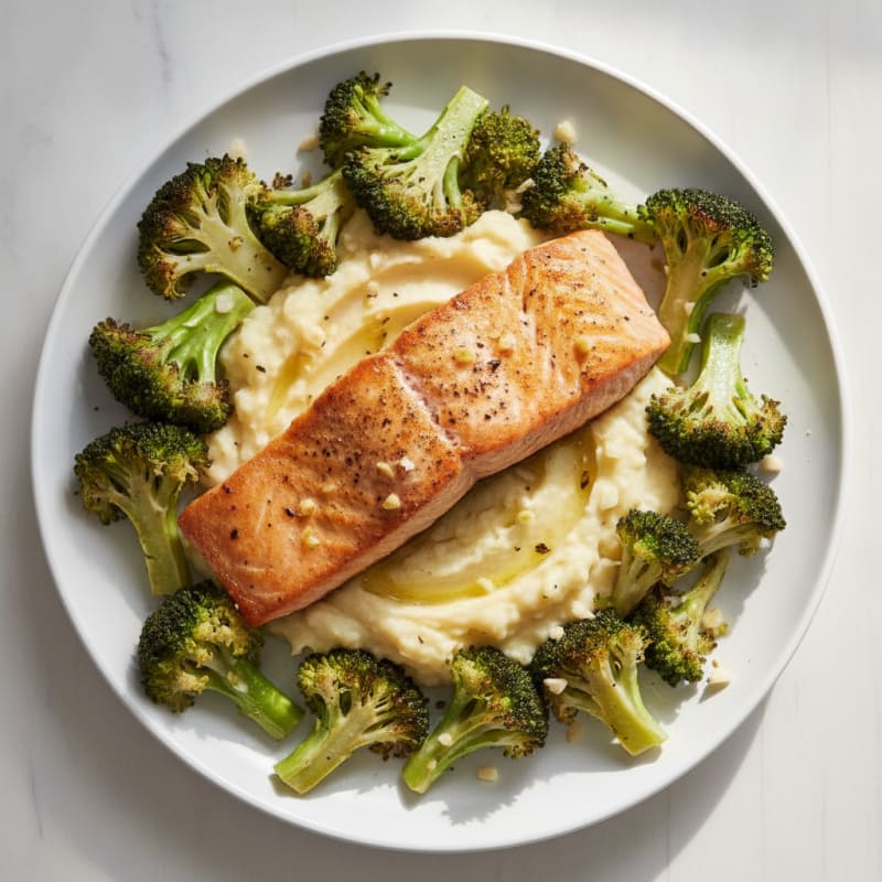 Seared Salmon Fillet with Roasted Broccoli and Garlic Mashed Potatoes
